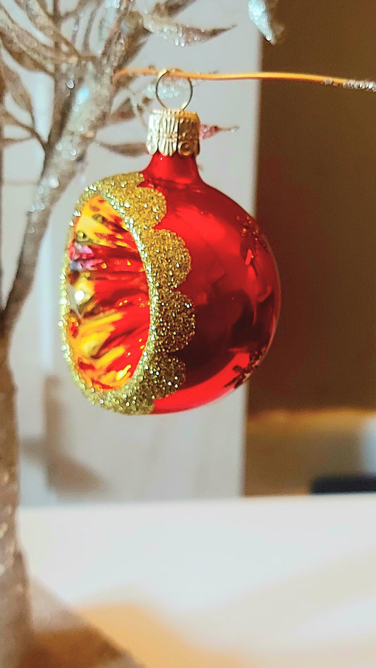 Vintage Czech Republic, Glass Blown, Hand Painted Christmas Tree Ornament - Red Retro Balls