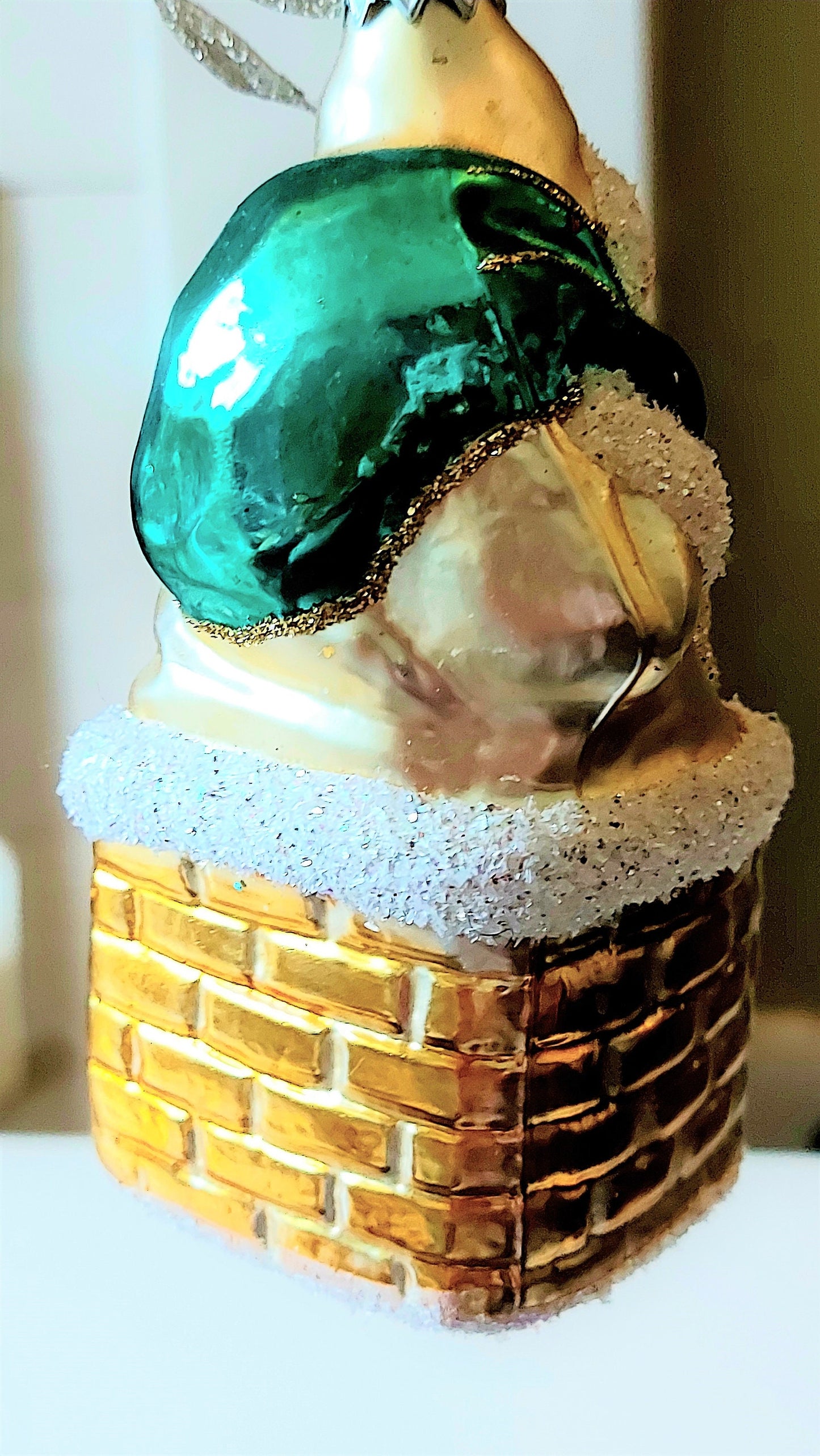 Vintage Czech Republic, Glass Blown, Hand Painted Christmas Tree Ornament - Large Santa in Chimney