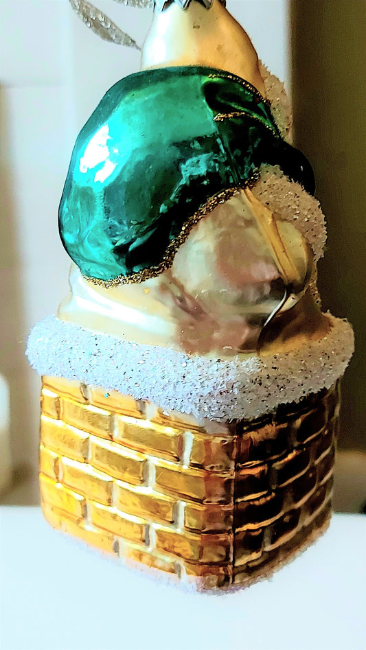 Vintage Czech Republic, Glass Blown, Hand Painted Christmas Tree Ornament - Large Santa in Chimney