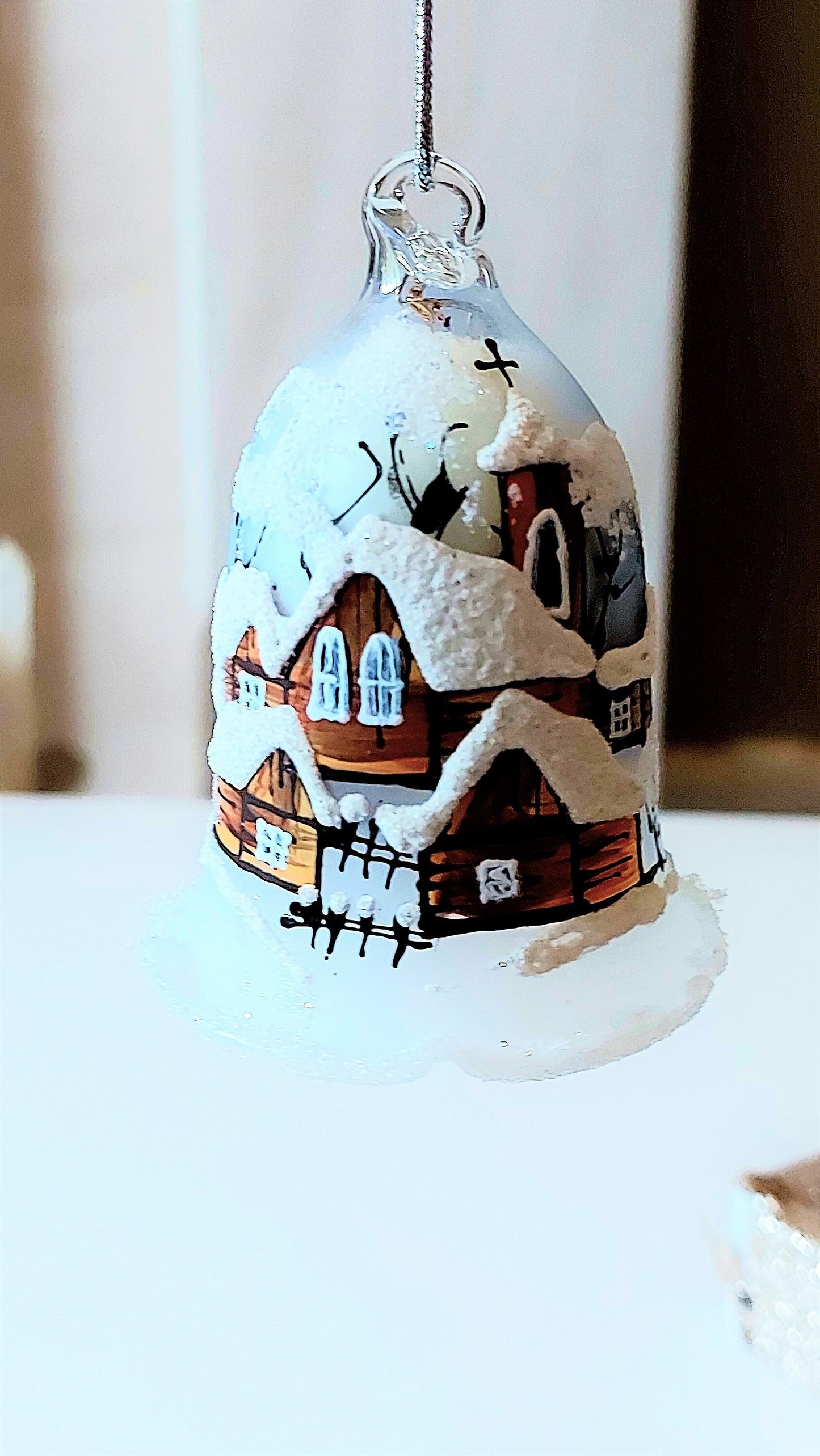 Vintage Czech Glass Bell Ornament: Hand-Painted Winter Village