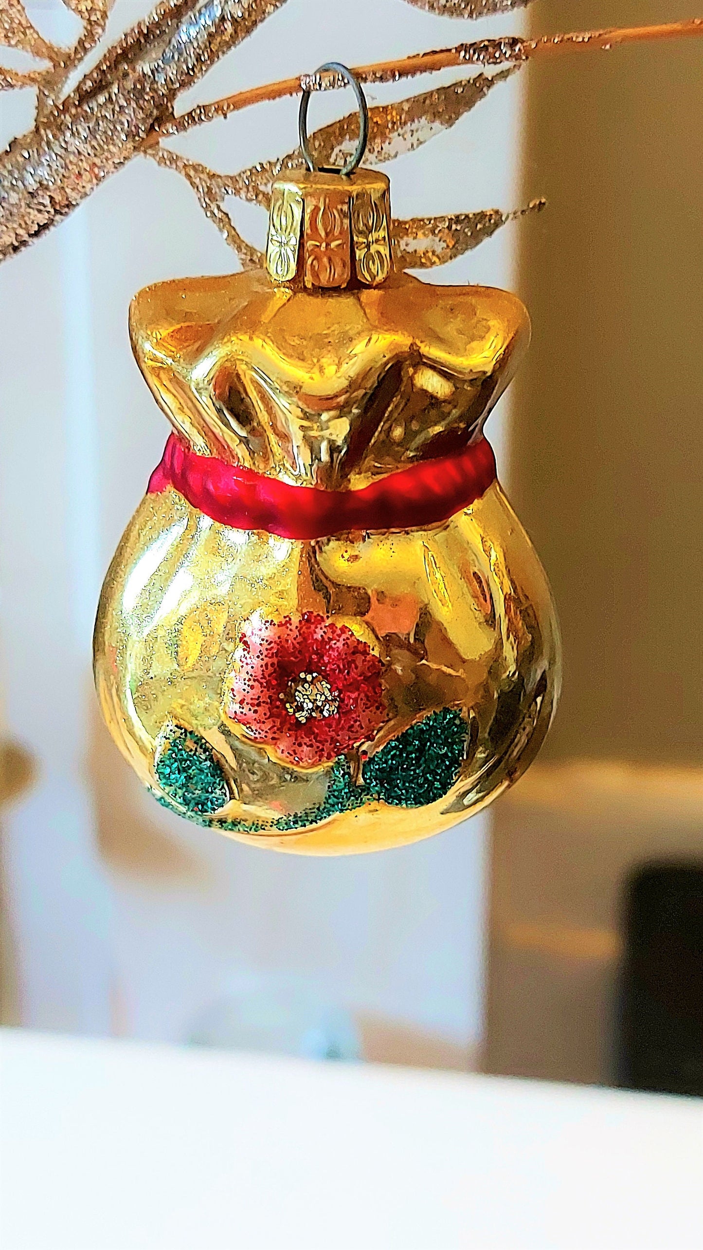 Vintage Czech Republic, Glass Blown, Hand Painted Christmas Tree Ornament - Money Bag