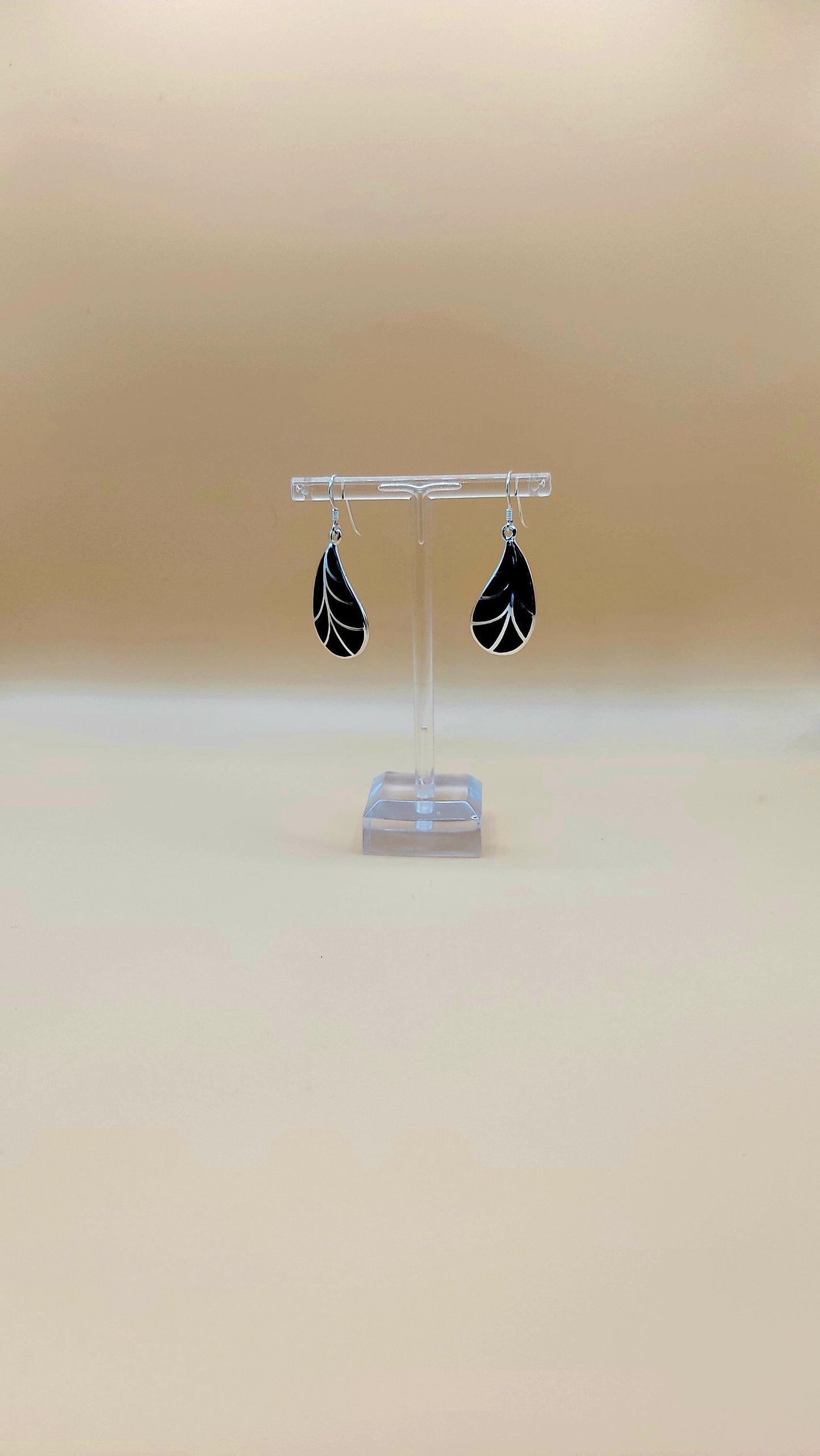 Silver Handmade Inlay Earrings Semi Precious Black Onyx- Black Leaf
