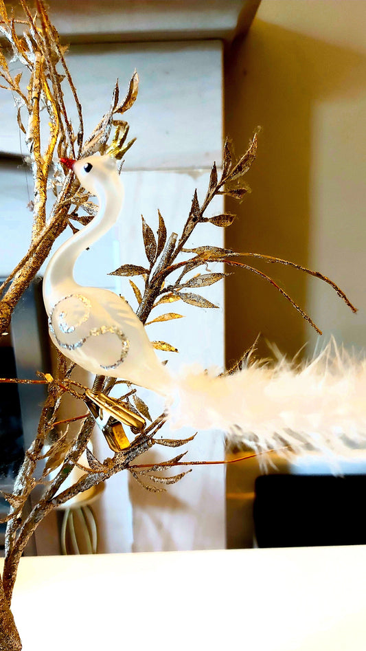 Vintage Czech Republic, Glass Blown, Hand Painted Christmas Tree Ornament - Swan with clip