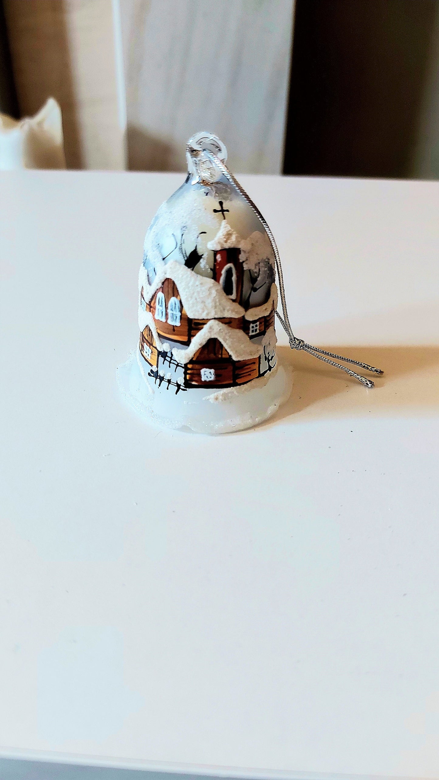 Vintage Czech Glass Bell Ornament: Hand-Painted Winter Village