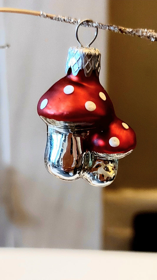 Vintage Czech Glass Mushroom Christmas Ornament: Hand-Painted Pair