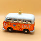 Vintage Czech Republic, Glass Blown, Hand Painted Christmas Tree Ornament - Orange Hippy Bus