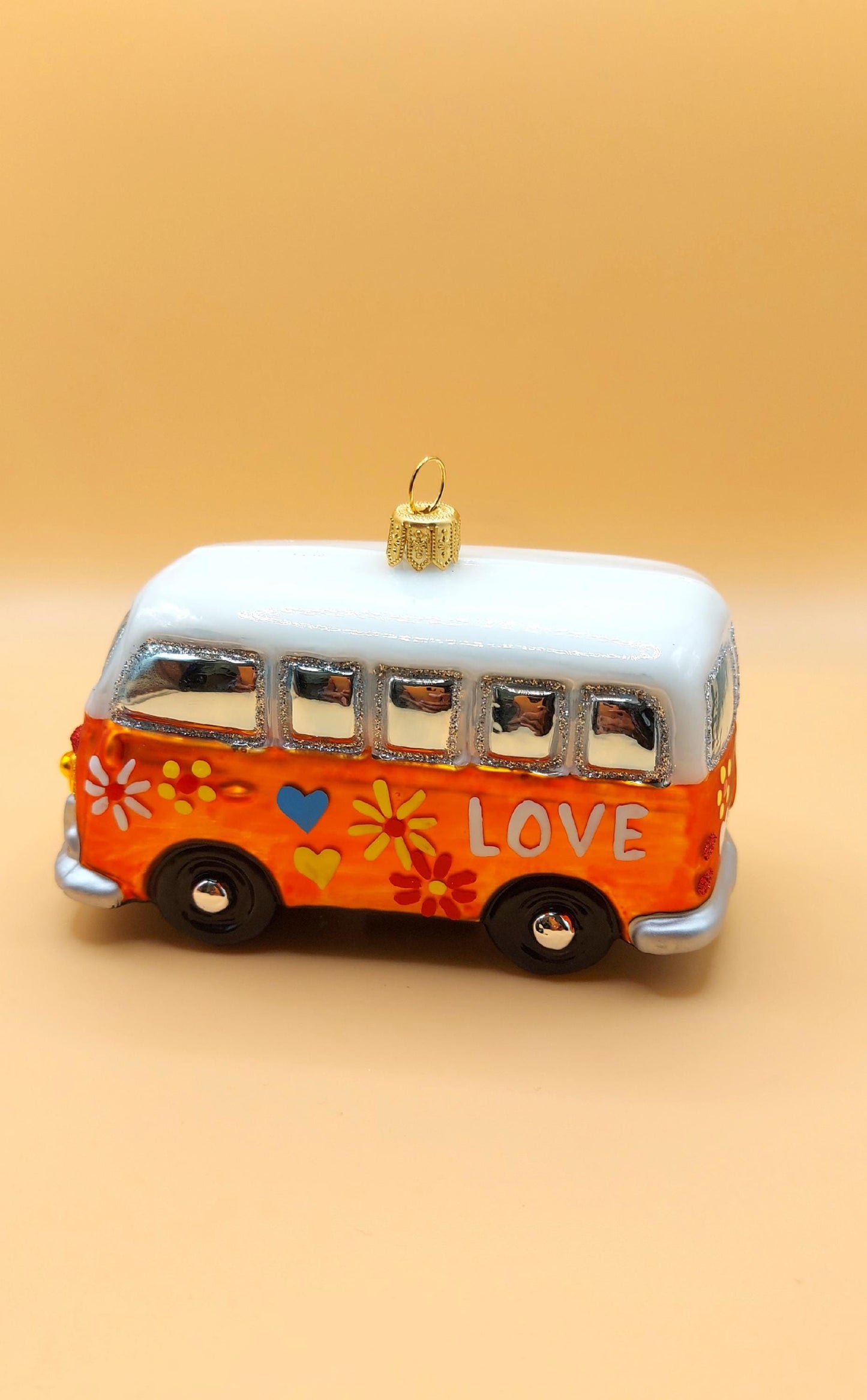Vintage Czech Republic, Glass Blown, Hand Painted Christmas Tree Ornament - Orange Hippy Bus