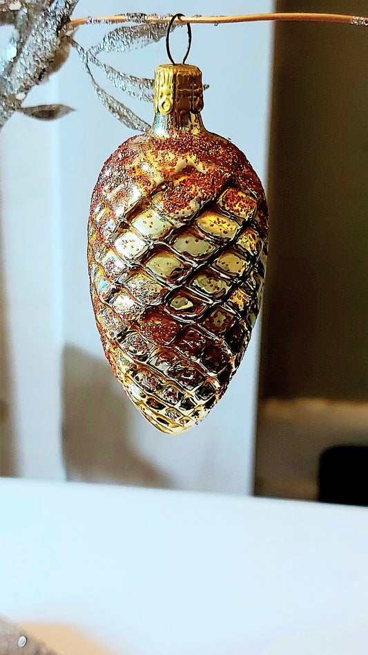 Vintage Czech Republic, Glass Blown, Hand Painted Christmas Tree Ornament -  Acorn