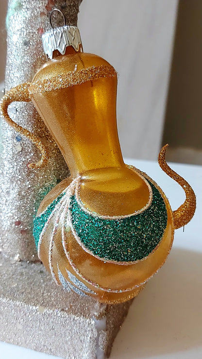 Vintage Czech Republic, Glass Blown, Hand Painted Christmas Tree Ornament - Genie Lamp gold/green
