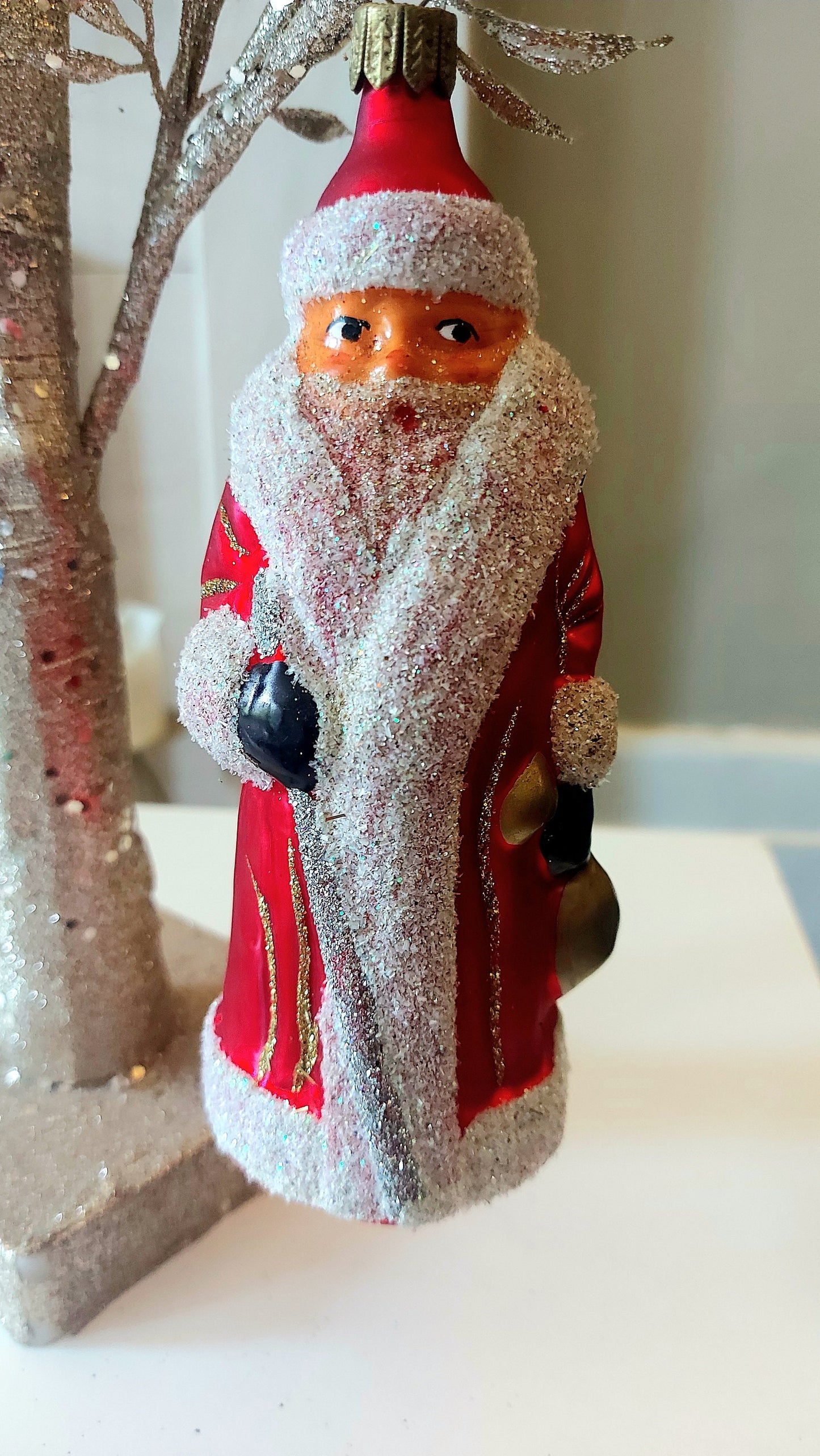 Vintage Czech Republic, Glass Blown, Hand Painted Christmas Tree Ornament - Large Santa Red/Gold