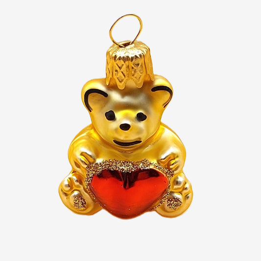 Vintage Czech Republic, Glass Blown, Hand Painted Christmas Tree Ornament - Heart Teddy ( x 2 )