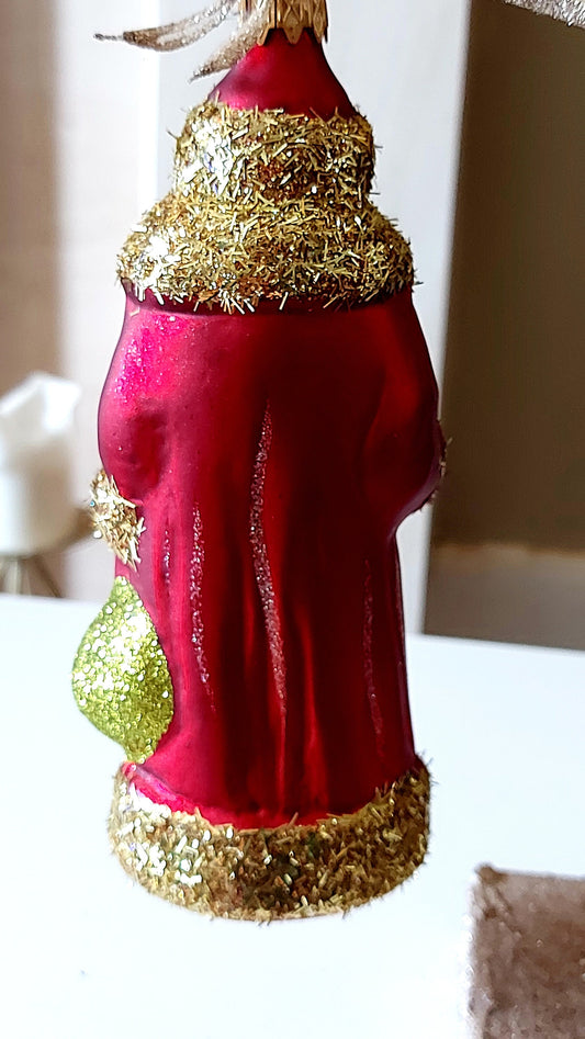 Vintage Czech Republic, Glass Blown, Hand Painted Christmas Tree Ornament - Large Santa Red/Gold