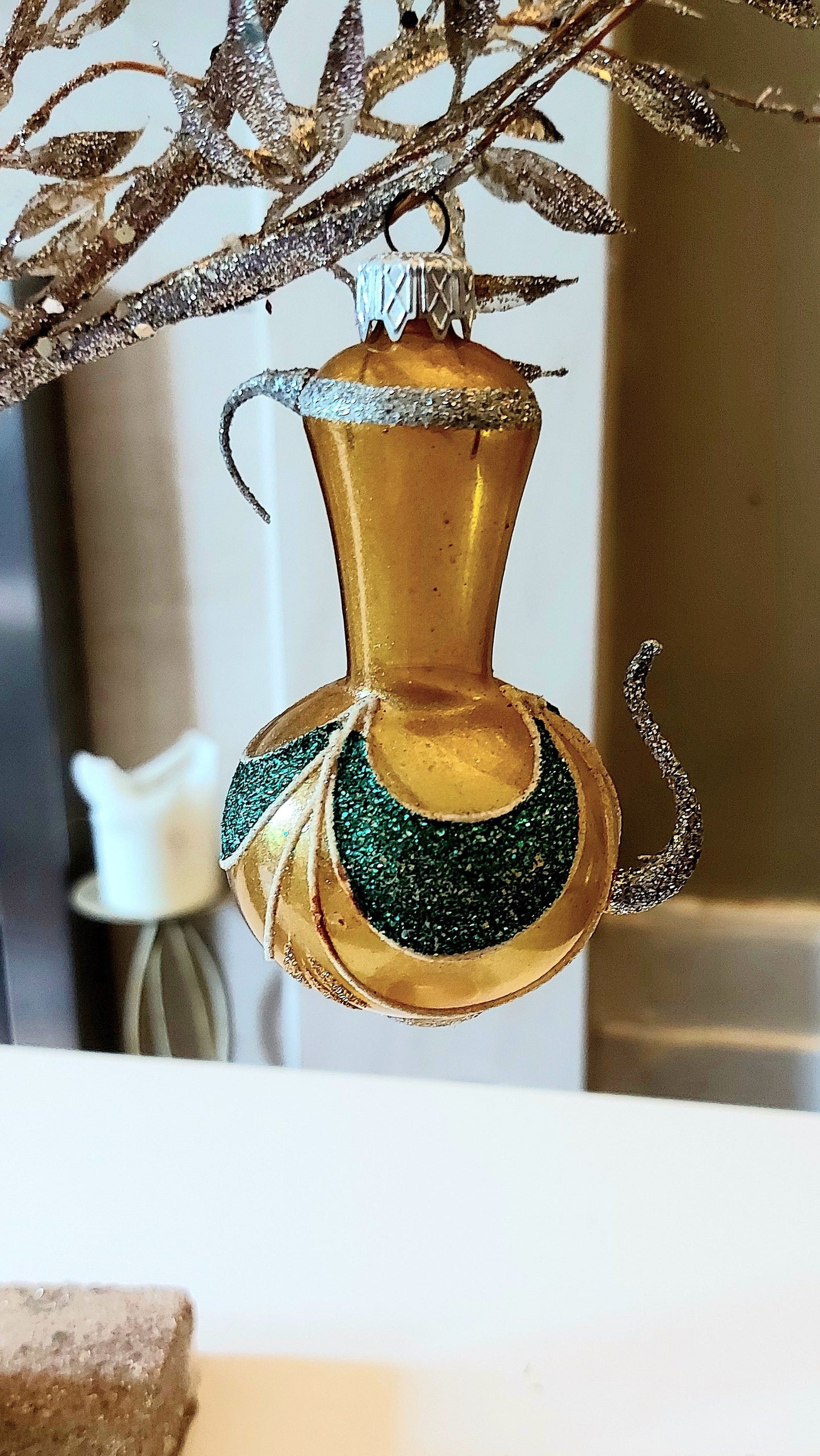 Vintage Czech Republic, Glass Blown, Hand Painted Christmas Tree Ornament - Genie Lamp gold/green