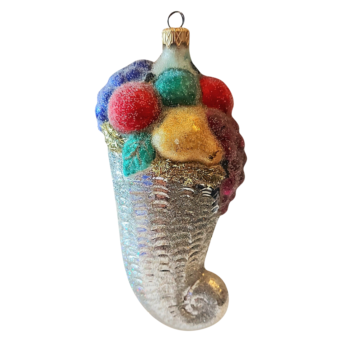 Czech Republic, Glass Blown, Hand Painted Christmas Tree Ornament - Large Fruit Cone Silver