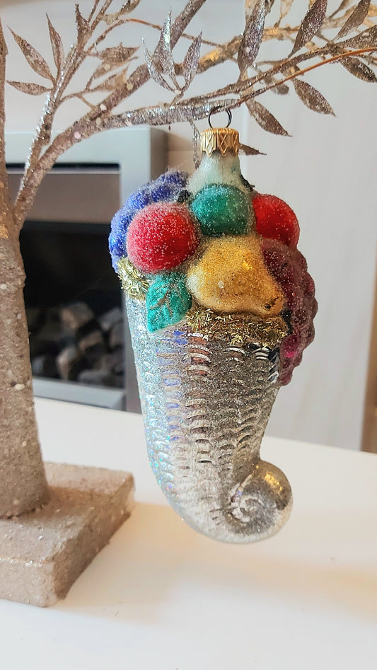 Vintage Czech Republic, Glass Blown, Hand Painted Christmas Tree Ornament - Large Fruit Cone Silver