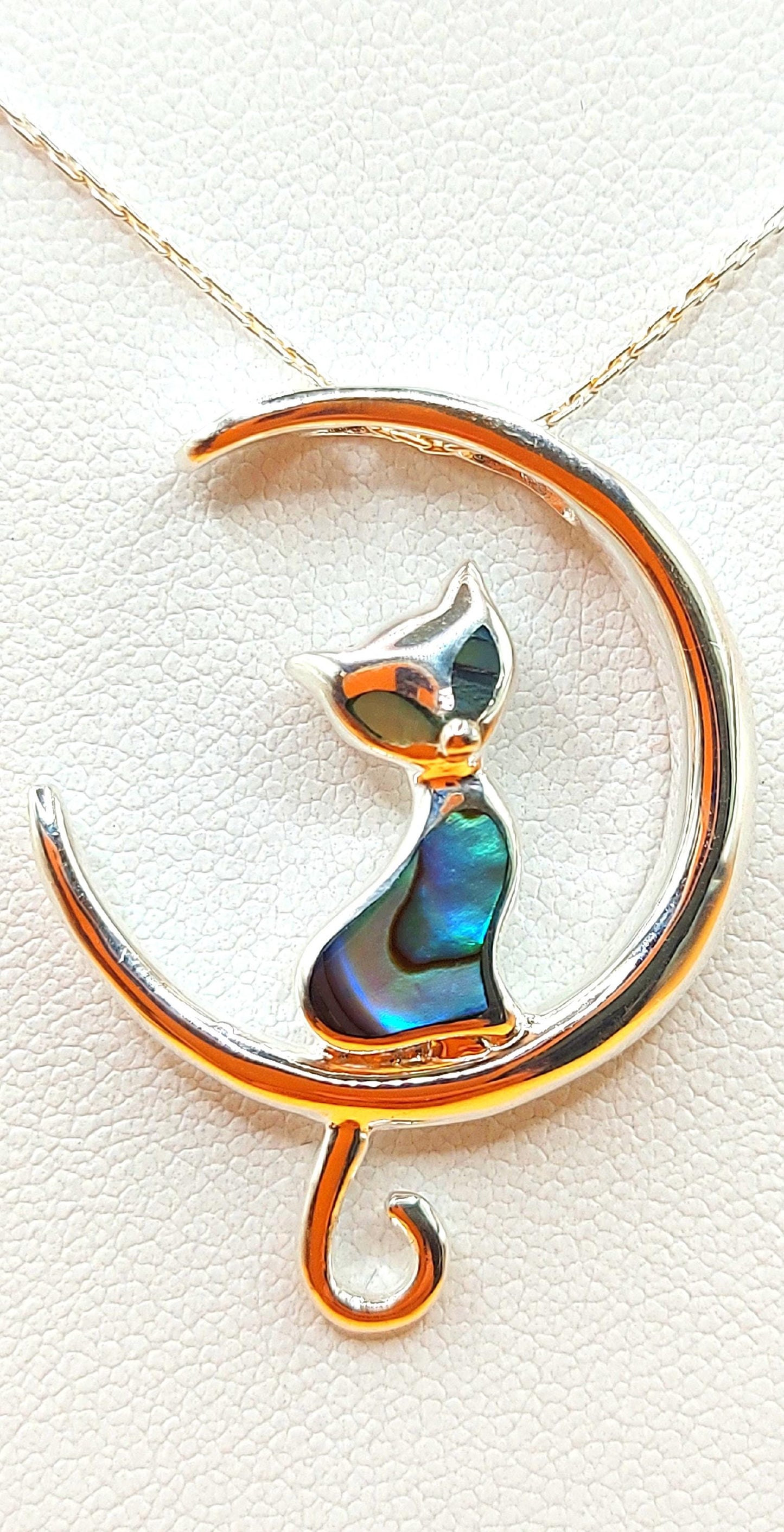 Silver Handmade Inlay Pendant Semi Precious Abalone Shell- Cat on Moon