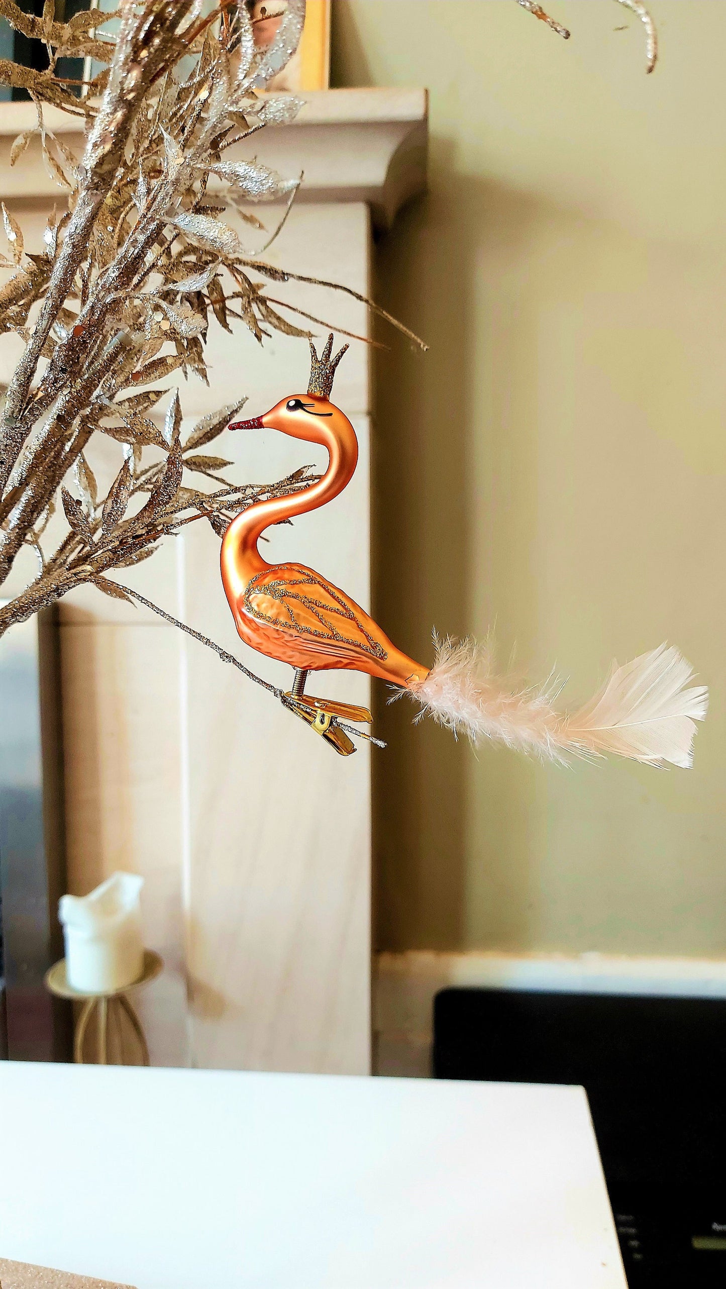 Vintage Czech Republic, Glass Blown, Hand Painted Christmas Tree Ornament - Swan with clip