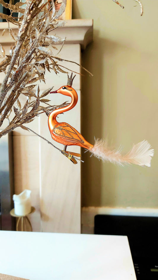 Vintage Czech Republic, Glass Blown, Hand Painted Christmas Tree Ornament - Swan with clip