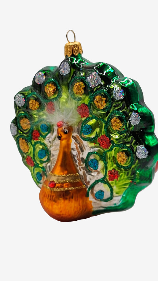 Vintage Czech Republic, Glass Blown, Hand Painted Christmas Tree Ornament - Peacock Green