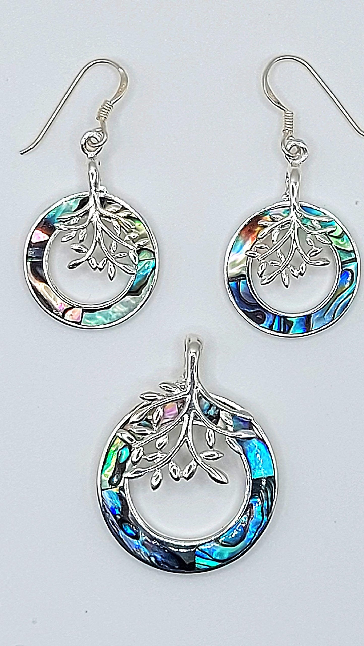 Silver Handmade Inlay Pendant/Earrings Set Semi Precious Abalone Shell- Tree of Life