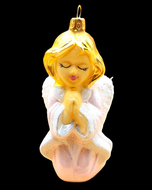 Vintage Czech Republic, Glass Blown, Hand Painted Christmas Tree Ornament - Pink Angel