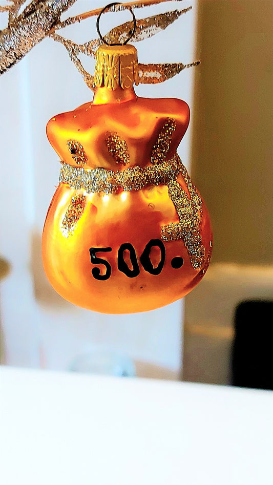 Vintage Czech Republic, Glass Blown, Hand Painted Christmas Tree Ornament - Money Bag
