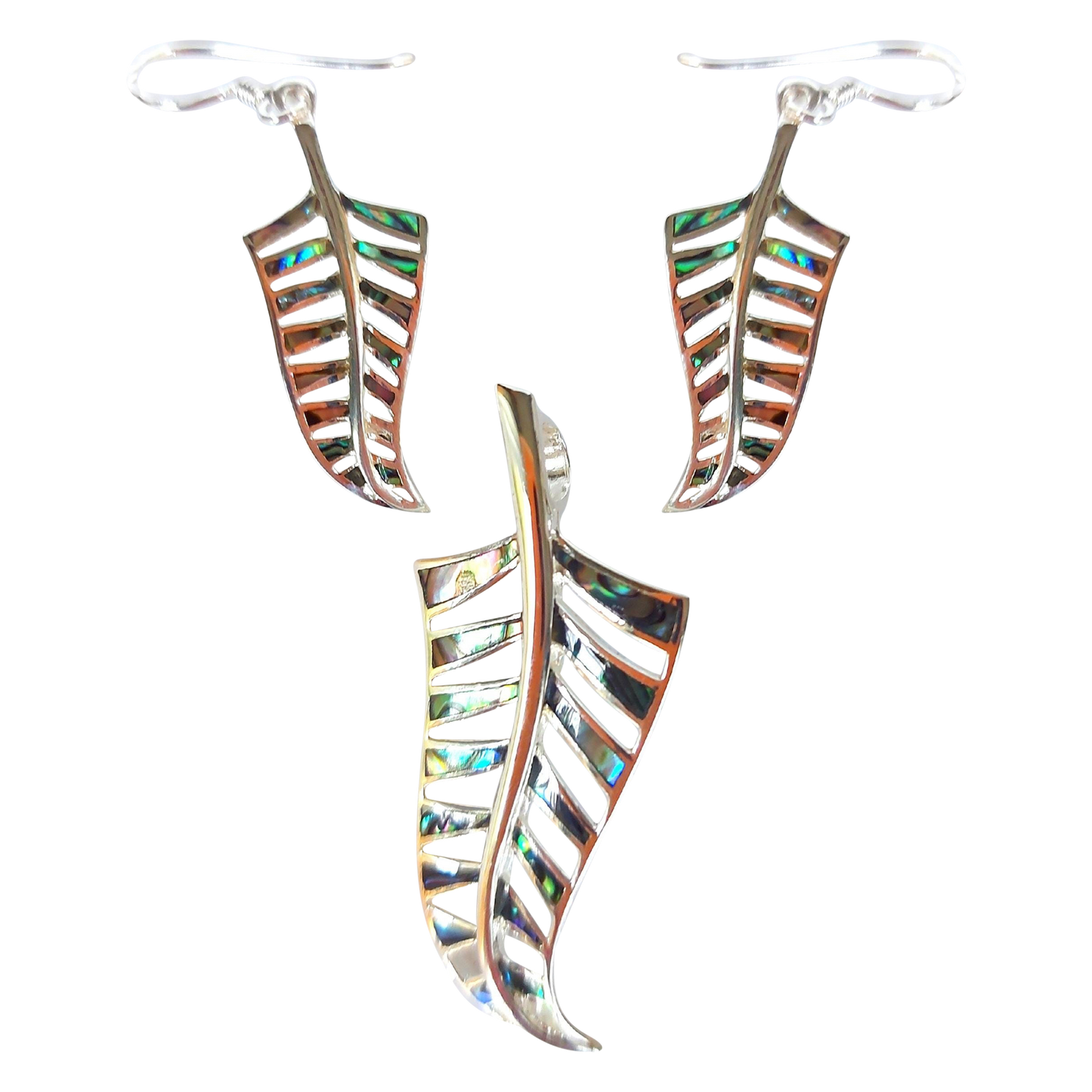 Silver Handmade Inlay Pendant/Earring Set Semi Precious Abalone Shell- Leaf