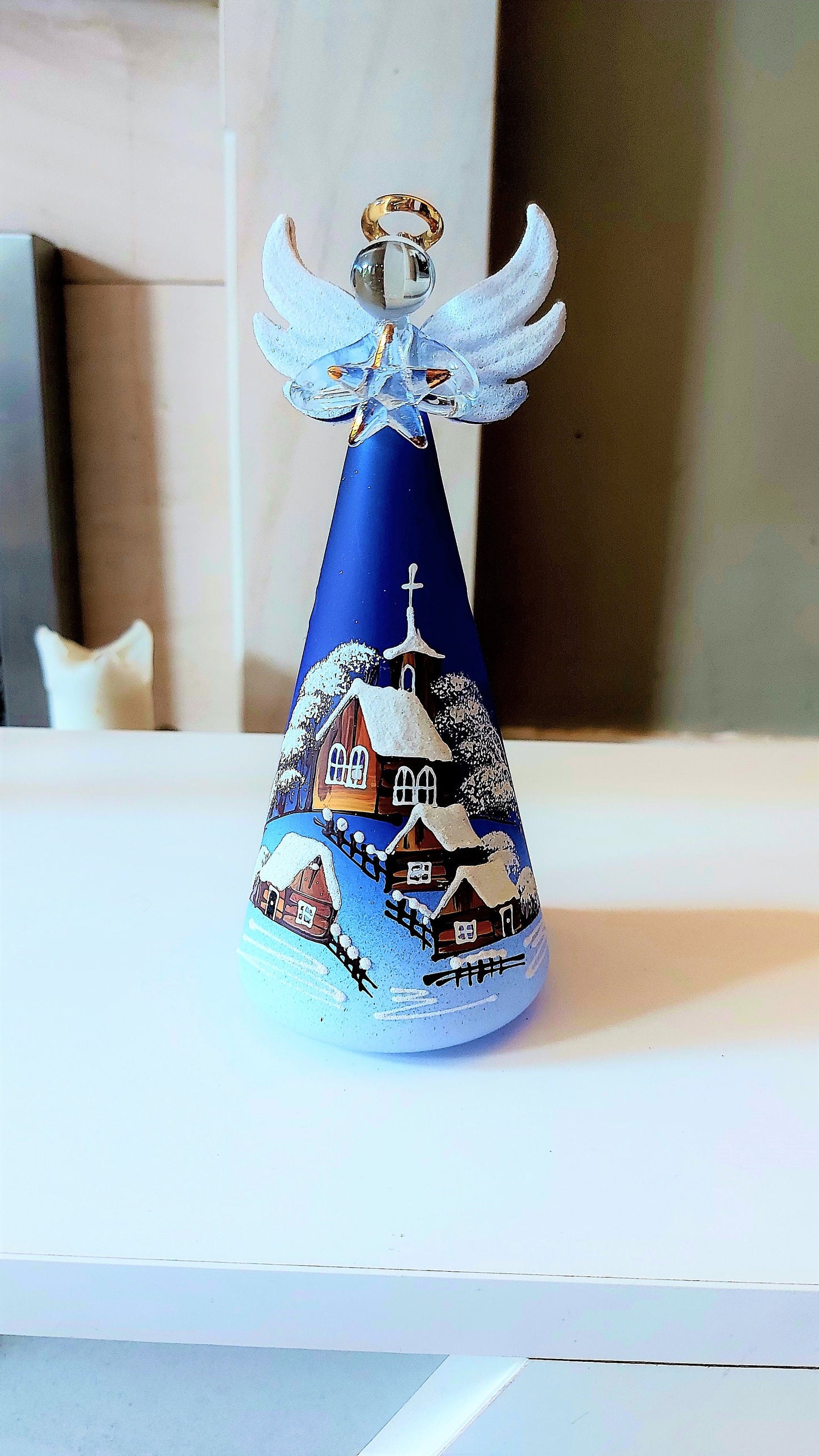 Vintage Czech Glass Angel Christmas Ornament: Hand-Painted Winter Village Candle Holder (Blue)