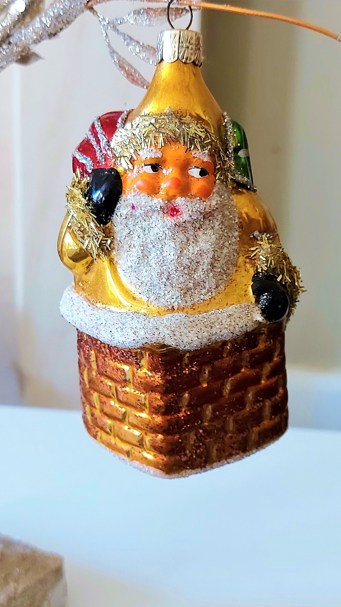 Vintage Czech Republic, Glass Blown, Hand Painted Christmas Tree Ornament - Large Santa in Chimney