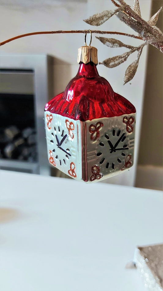 Vintage Czech Republic, Glass Blown, Hand Painted Christmas Tree Ornament - Clock