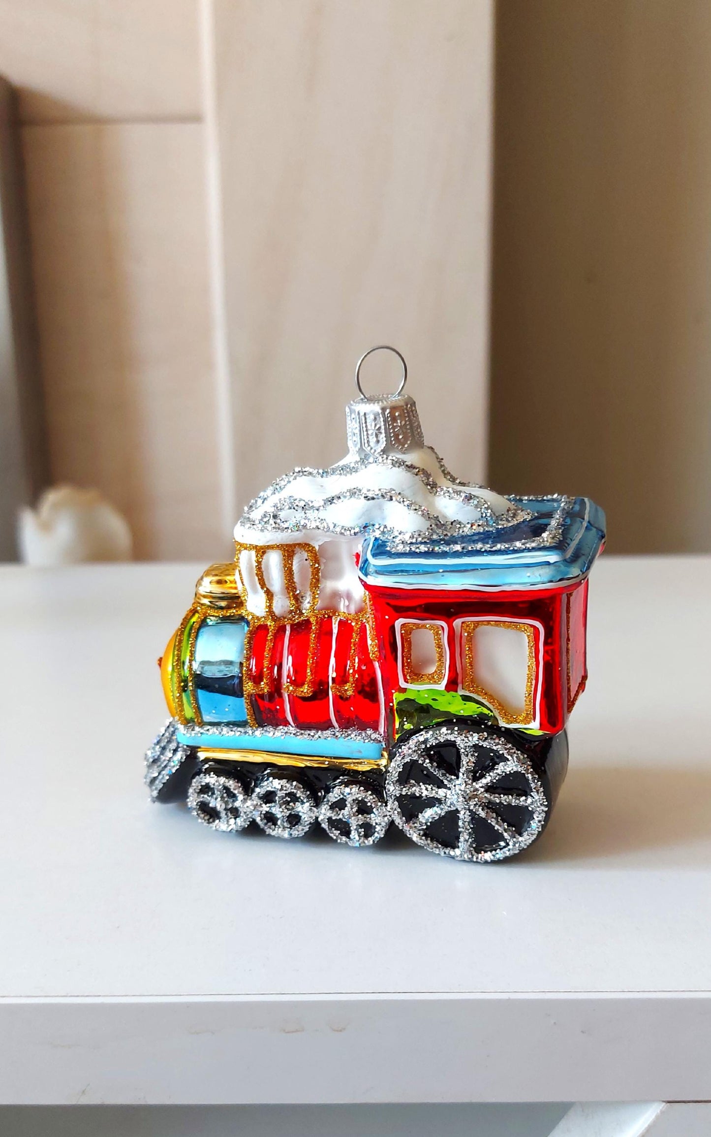 Vintage Czech Republic, Glass Blown, Hand Painted Christmas Tree Ornament - Train