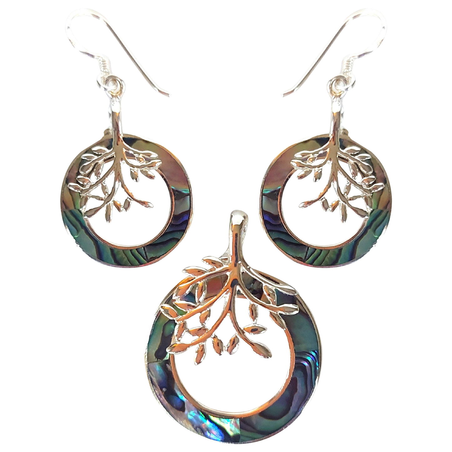 Silver Handmade Inlay Pendant/Earrings Set Semi Precious Abalone Shell- Tree of Life