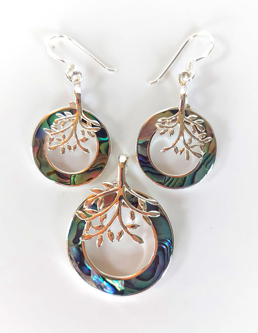 Silver Handmade Inlay Pendant/Earrings Set Semi Precious Abalone Shell- Tree of Life