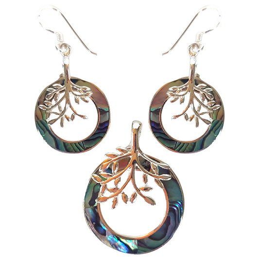 Silver Handmade Inlay Pendant/Earrings Set Semi Precious Abalone Shell- Tree of Life