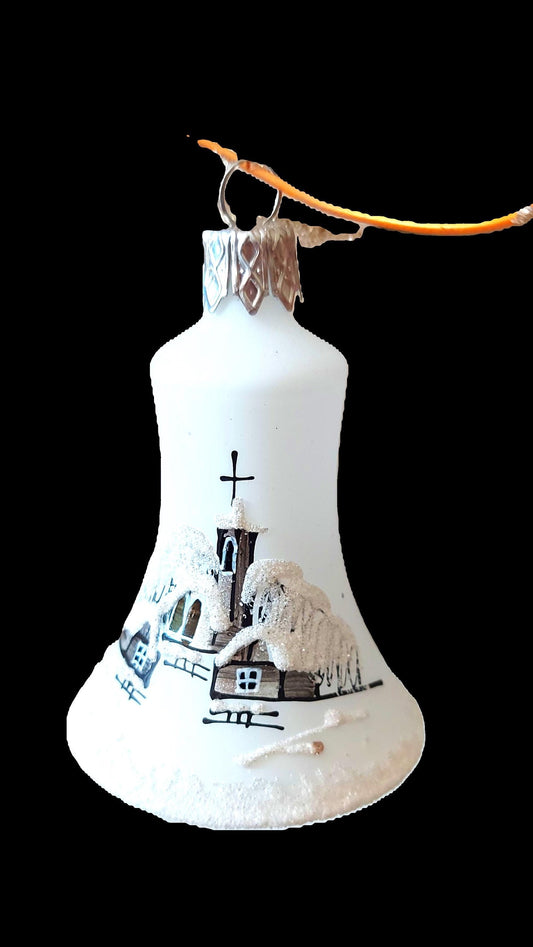 Vintage Czech Glass Christmas Ornament Bell: Hand-Painted Winter Village White