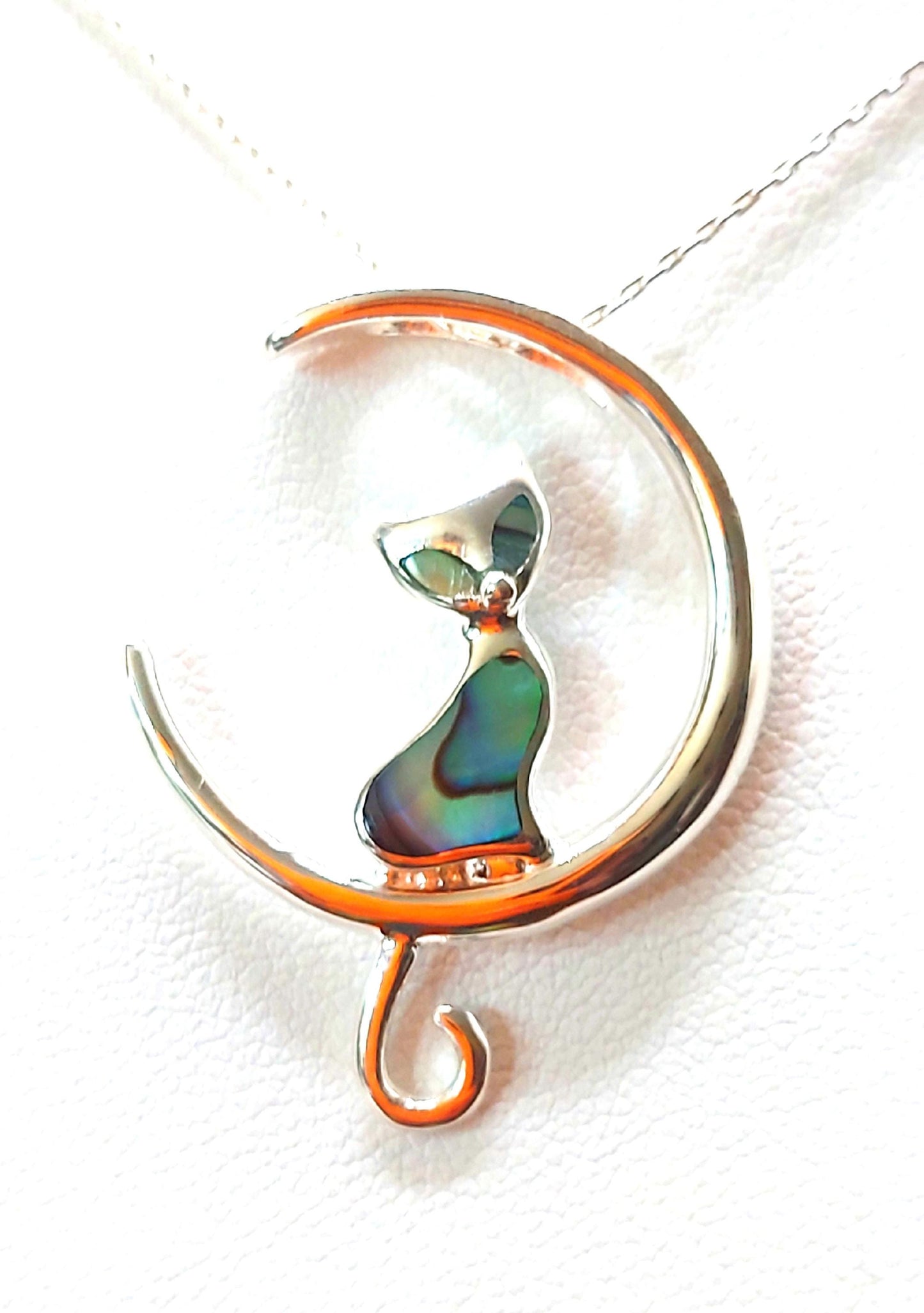Silver Handmade Inlay Pendant Semi Precious Abalone Shell- Cat on Moon