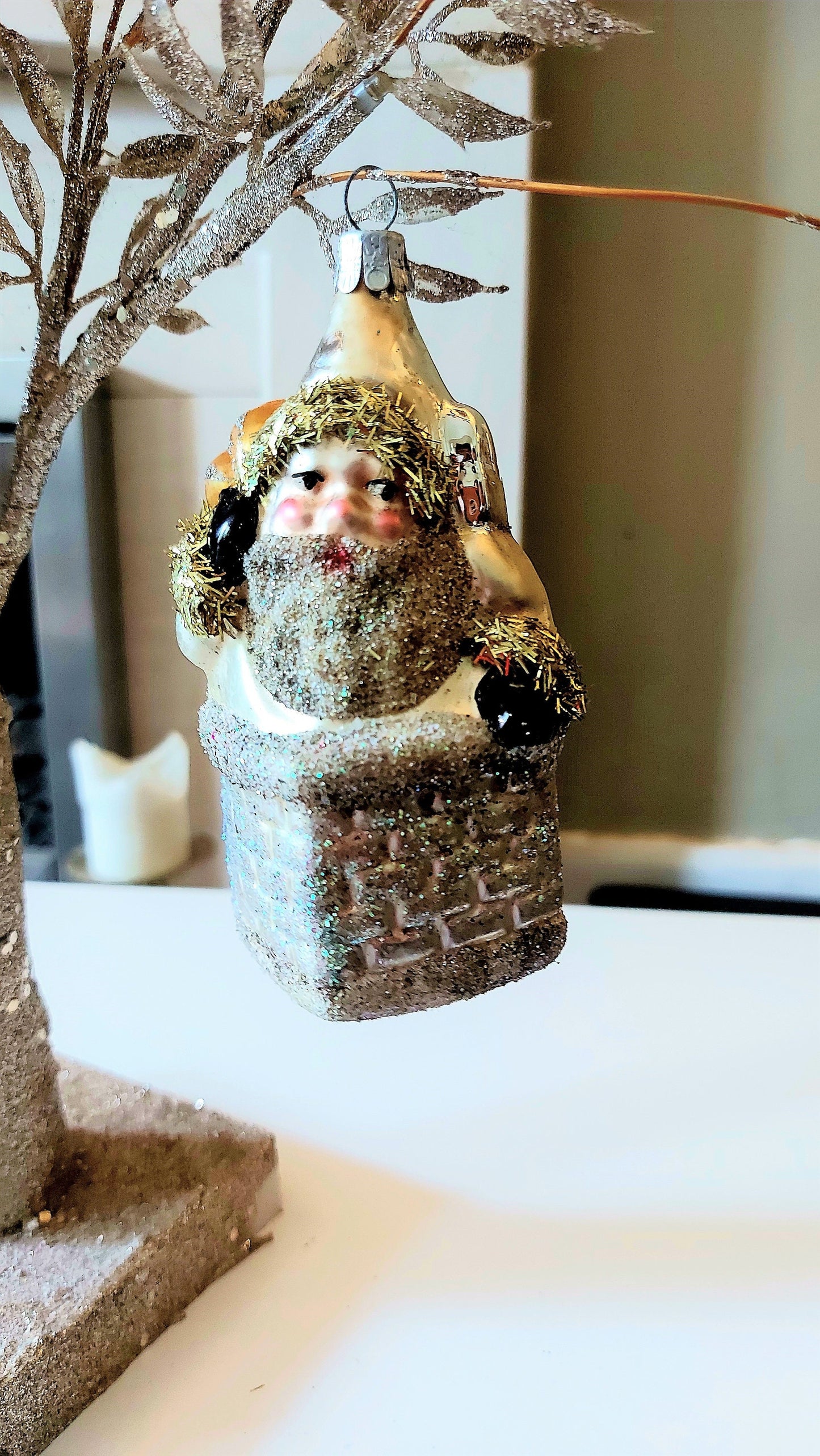 Vintage Czech Republic, Glass Blown, Hand Painted Christmas Tree Ornament - Large Santa in Chimney