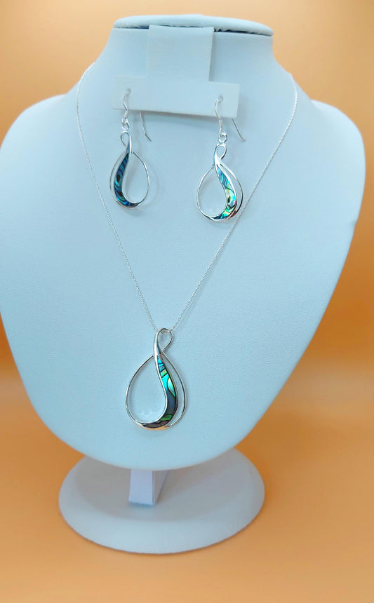 Silver Handmade Inlay Pendant/Earring Set Semi Precious Abalone Shell- Loop