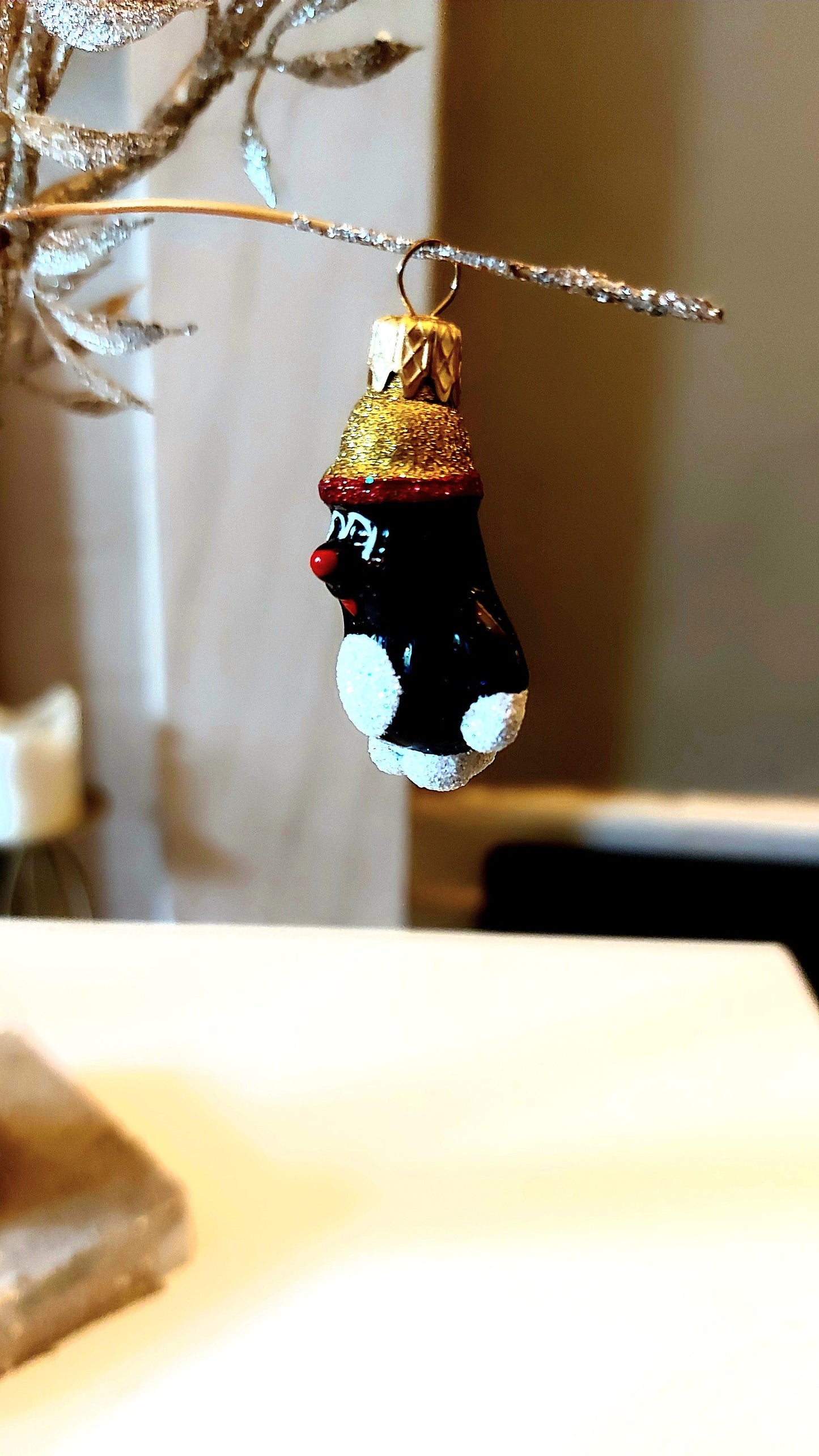 Vintage Czech Republic, Glass Blown, Hand Painted Christmas Tree Ornament - penguin a pair ( x 2 )