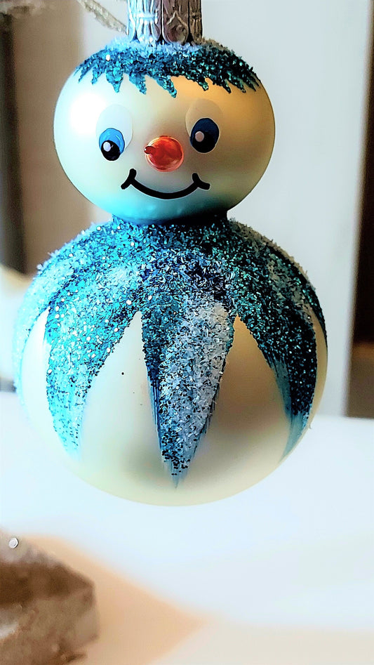 Vintage Czech Republic, Glass Blown, Hand Painted Christmas Tree Ornament - 2 Tier Snowman (reduced)