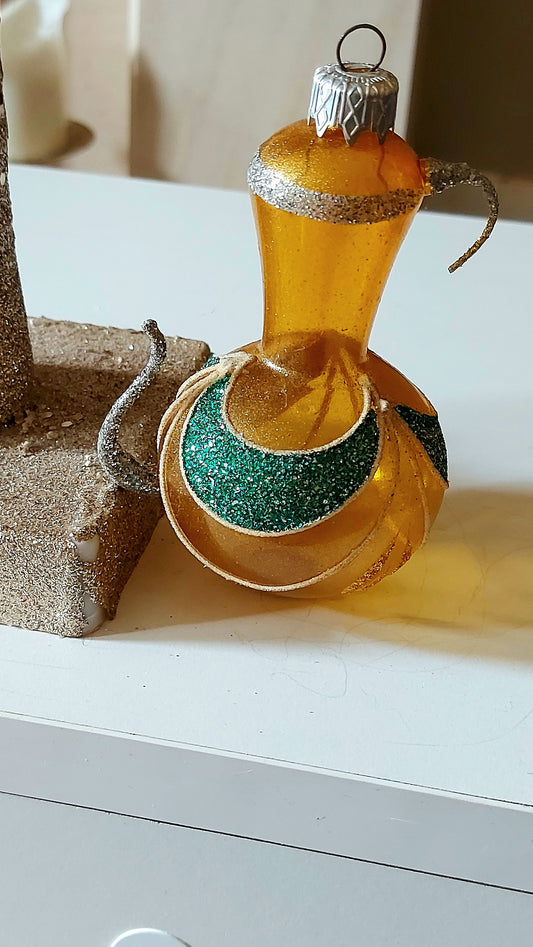 Vintage Czech Republic, Glass Blown, Hand Painted Christmas Tree Ornament - Genie Lamp gold/green