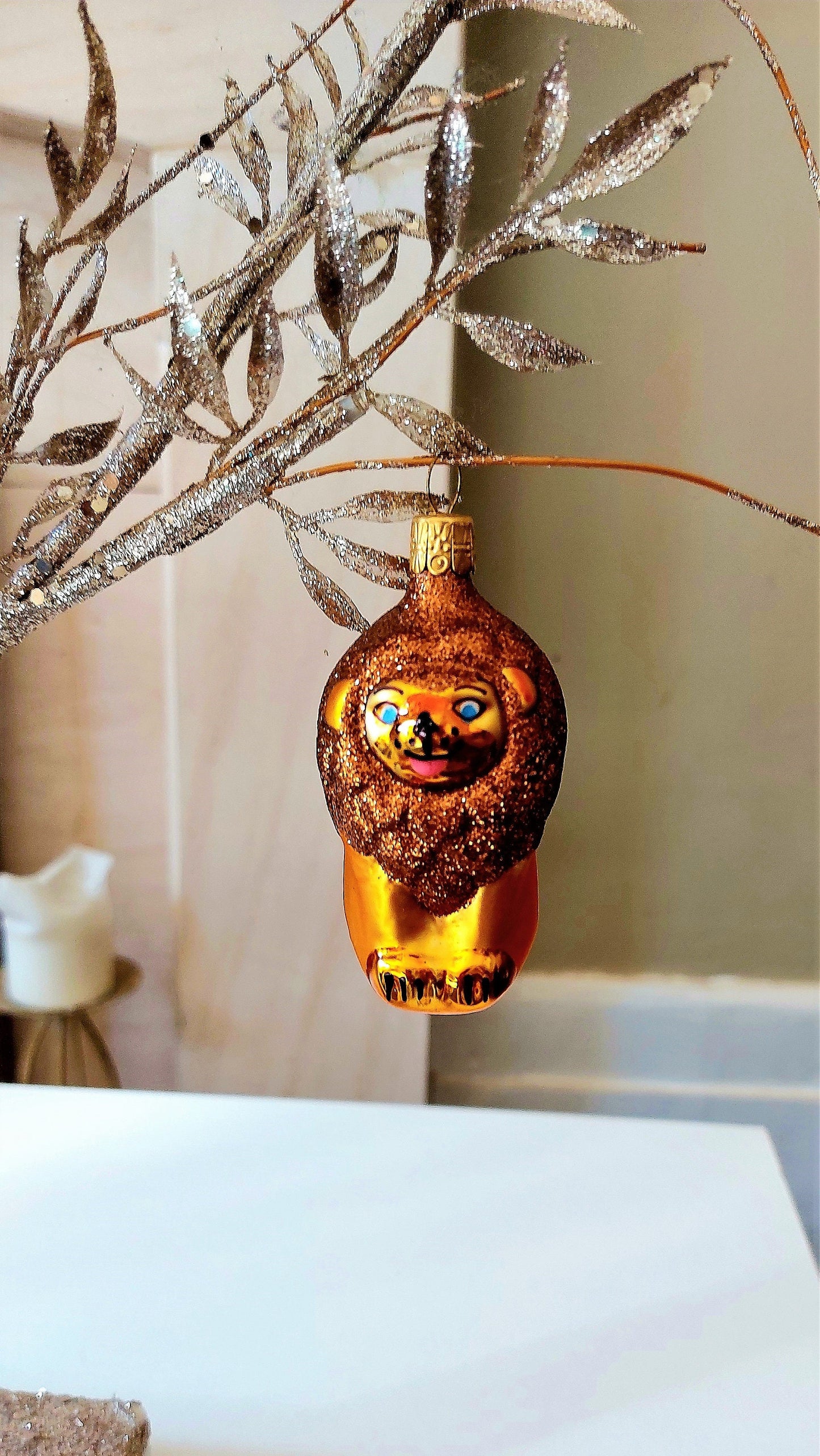 Vintage Czech Republic, Glass Blown, Hand Painted Christmas Tree Ornament - Lion