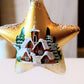 Vintage Czech Glass Christmas Ornament: Hand-Painted Gold Star, House Motif