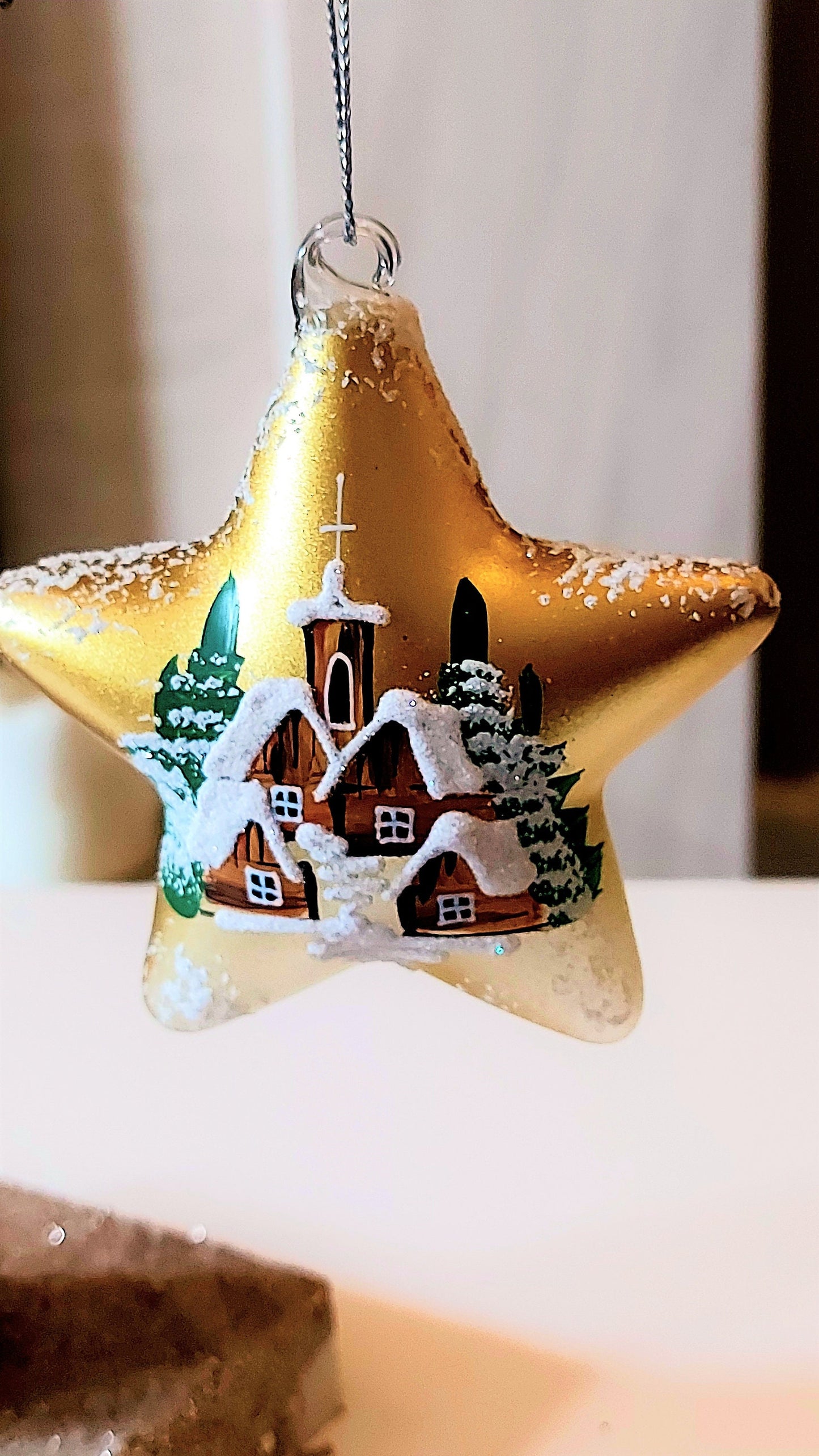 Vintage Czech Glass Christmas Ornament: Hand-Painted Gold Star, House Motif