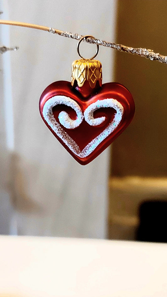 Vintage Czech Republic, Glass Blown, Hand Painted Christmas Tree Ornament - heart a pair ( x 2 )