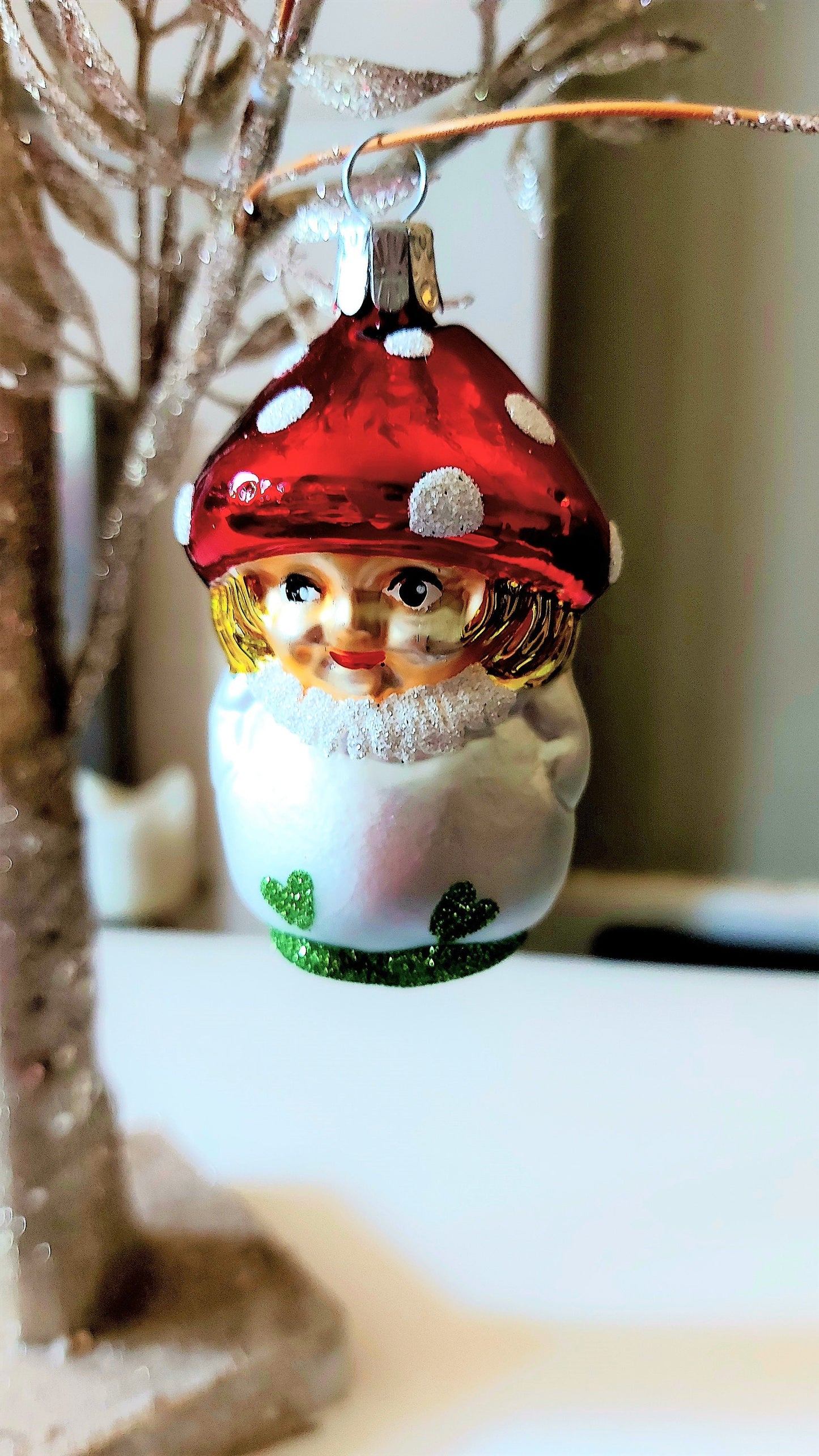 Vintage Czech Republic, Glass Blown, Hand Painted Christmas Tree Ornament - Mushroom Child