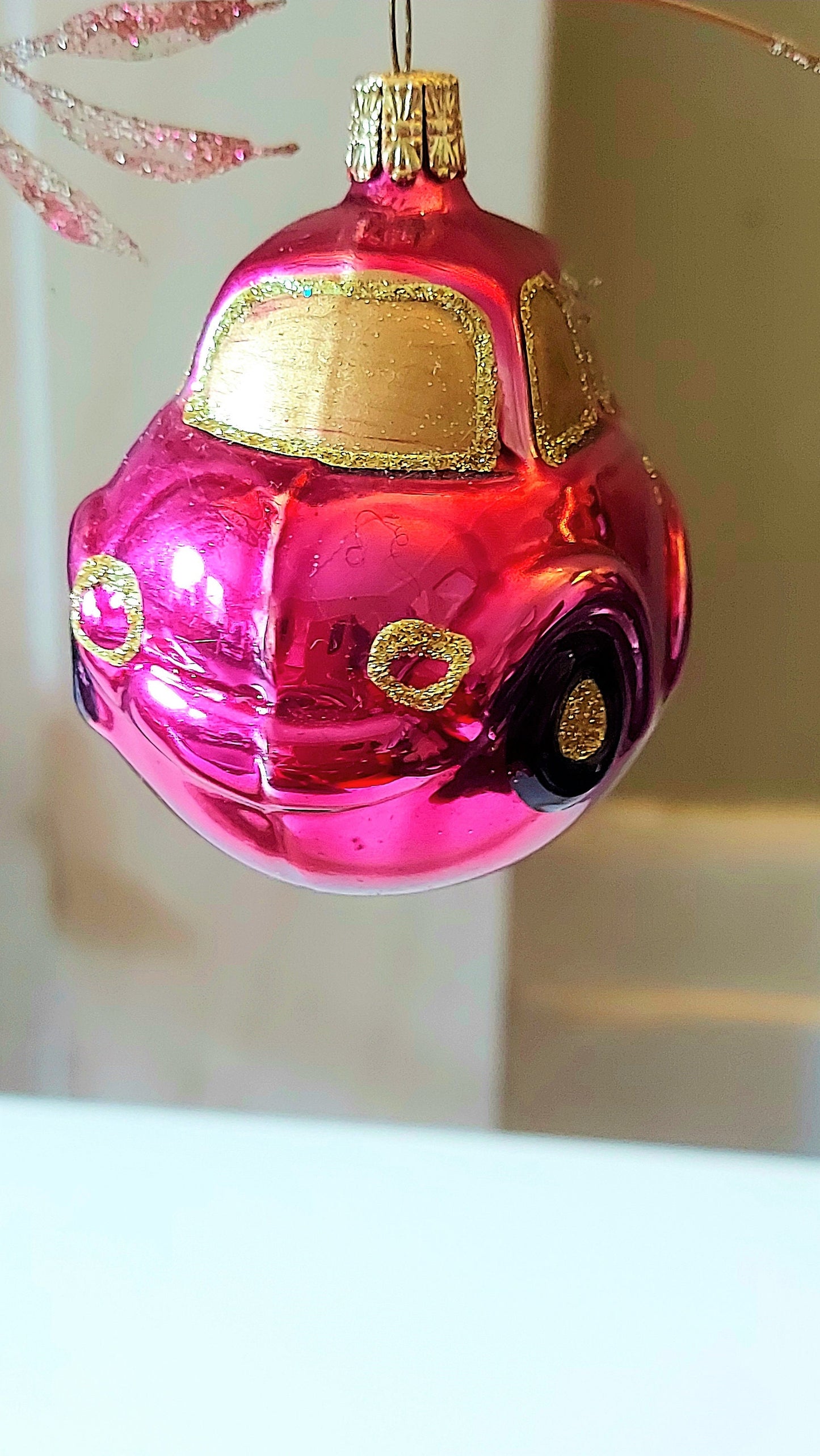 Vintage Czech Republic, Glass Blown, Hand Painted Christmas Tree Ornament - Car