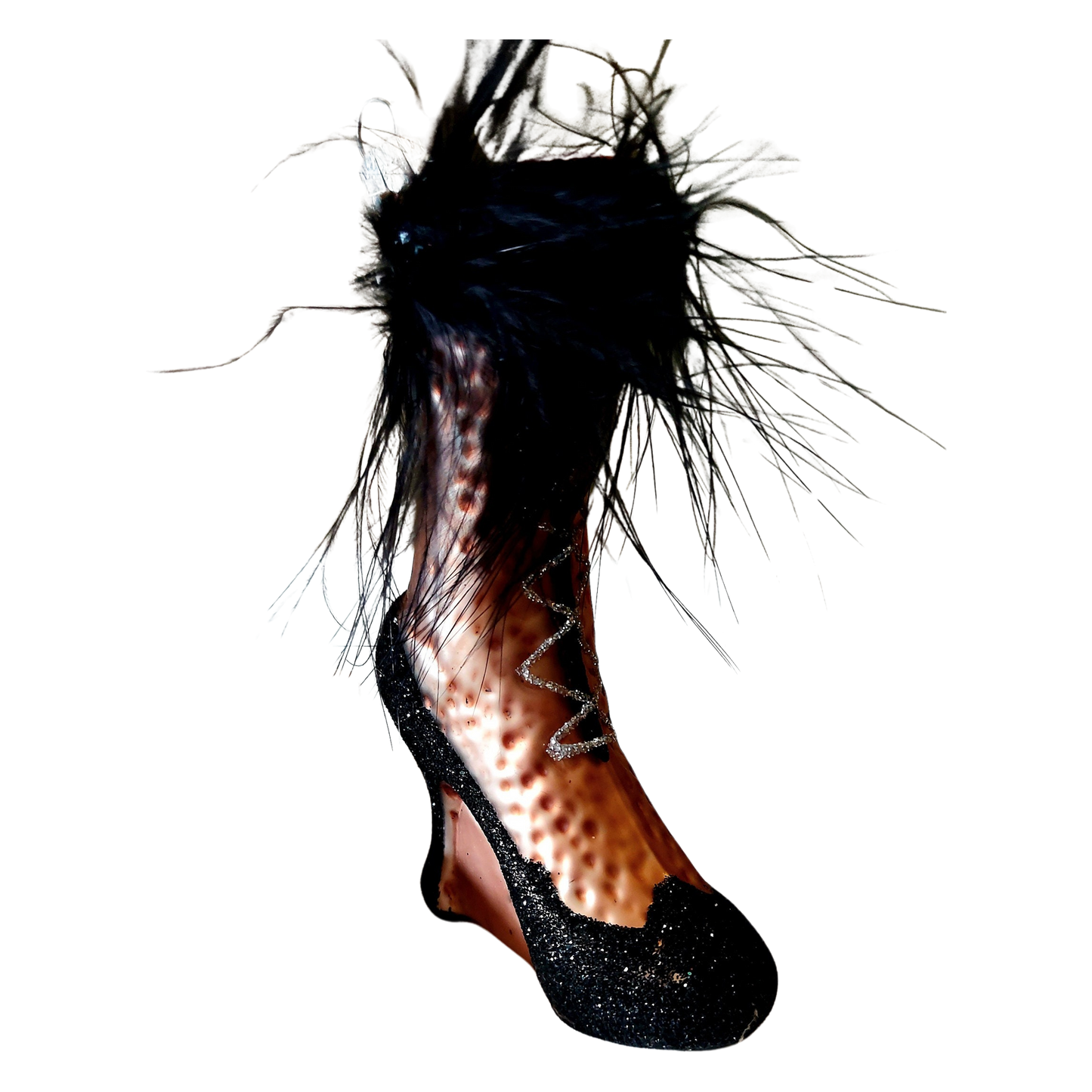 Czech Republic, Glass Blown, Hand Painted Christmas Tree Ornament - Boot Rose Gold Black