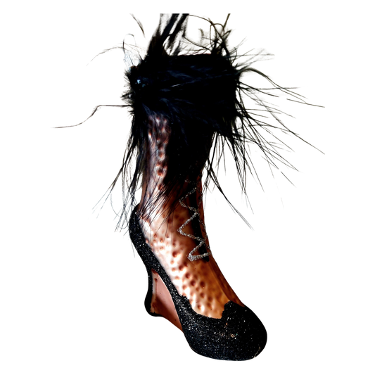 Czech Republic, Glass Blown, Hand Painted Christmas Tree Ornament - Boot Rose Gold Black