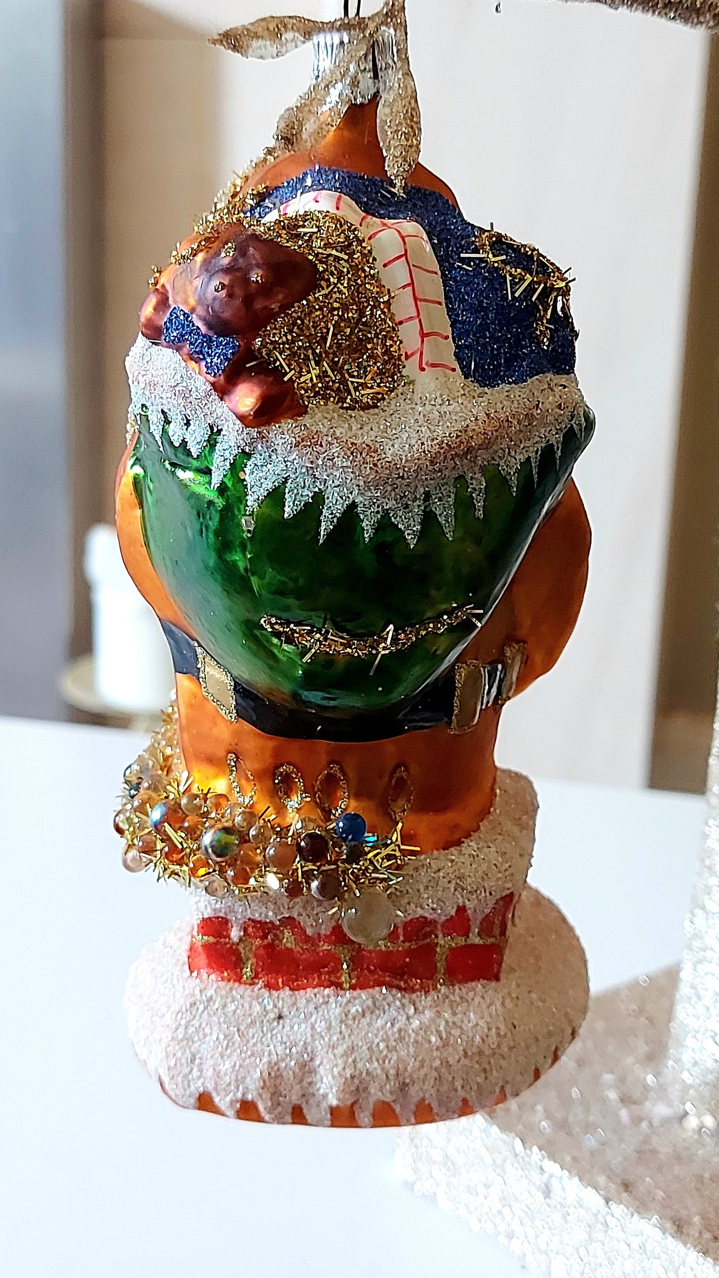 Vintage Czech Republic, Glass Blown, Hand Painted Christmas Tree Ornament - Large Santa Chimney Gold